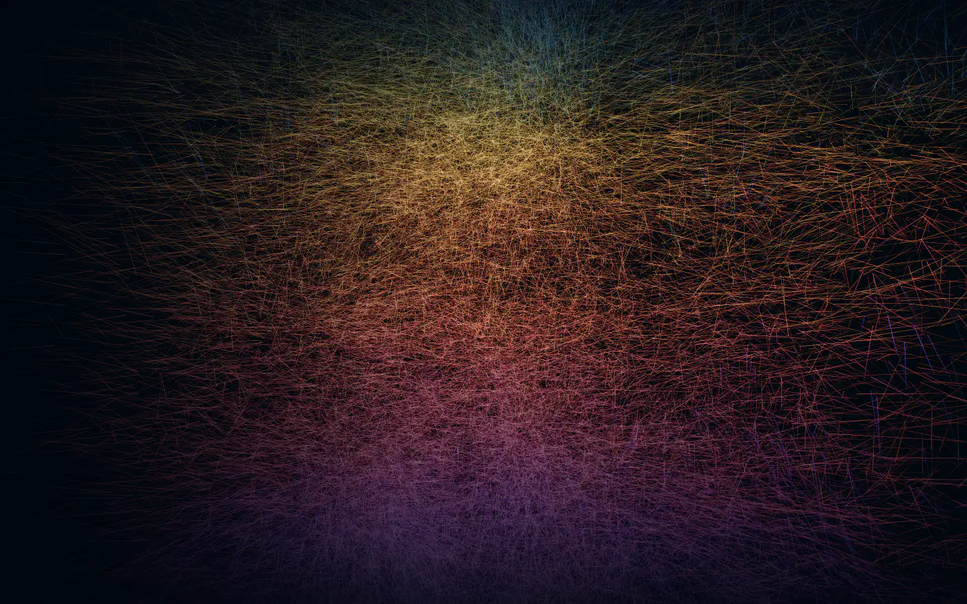 Marks streaming together into fewer, brighter forms, coloured by their depth.